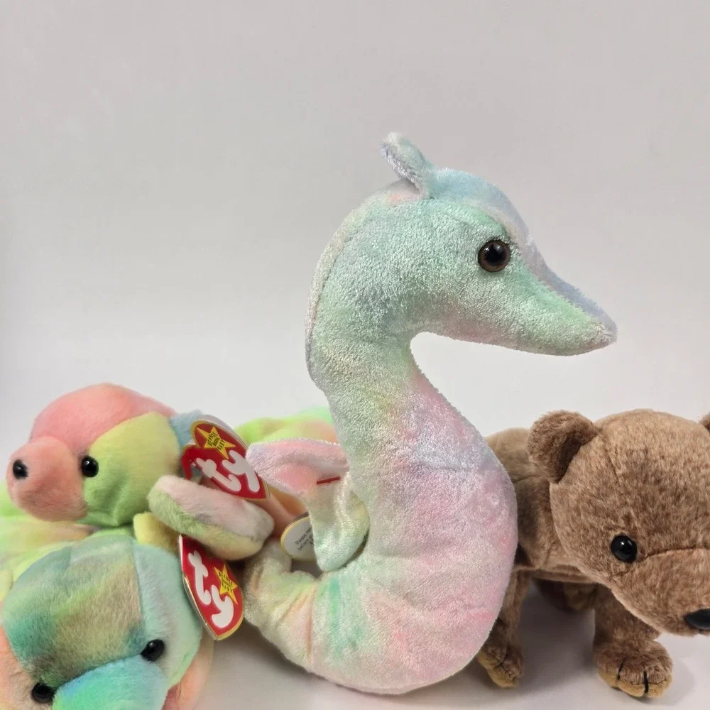 Ty Beanie Babies Lot Neon Seahorse Fuzz Bear Sammy Bear Tie Dye Plush Bundle 3pc